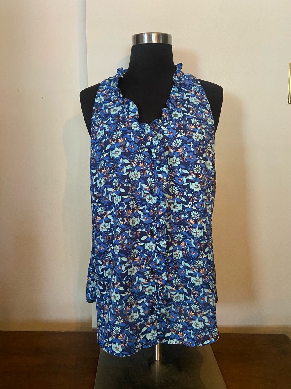 CAbi Blue Floral Ruffle Halter Camisole